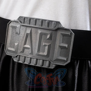 Belt buckle embossed with “CAGE”, highlighting the character’s signature style.