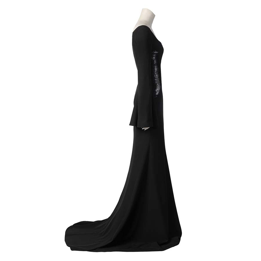 Profile perspective of the Morticia Addams cosplay dress, showcasing the bell sleeves and form - fitting bodice, with a white background.
