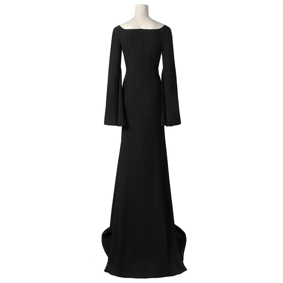 Back view of the Morticia Addams cosplay dress, featuring the off - shoulder neckline and long bell sleeves, against a plain white background.