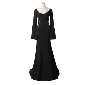 A mannequin displays the Morticia Addams cosplay dress, a long black gown with bell sleeves and side cut - outs, against a plain white background.