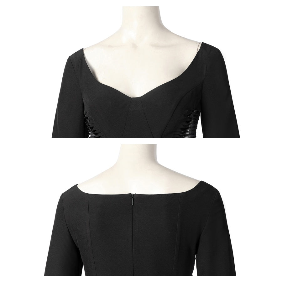Close - up of the Morticia Addams cosplay gown’s neckline, showing the front sweetheart neckline and back off - shoulder design, on a white mannequin.