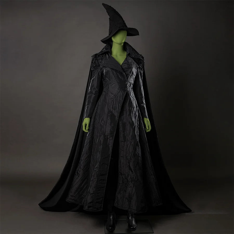 Movie Witch Elphaba Cosplay costume&#39;s whole view, it has a witch hat, the long coat is made of black wrinkled cloth, which  is designed with a tight waist, a large skirt, and narrow sleeves, and a velvet long cape on the back, creating a retro feel.