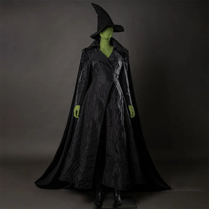 Movie Witch Elphaba Cosplay costume's whole view, it has a witch hat, the long coat is made of black wrinkled cloth, which  is designed with a tight waist, a large skirt, and narrow sleeves, and a velvet long cape on the back, creating a retro feel.