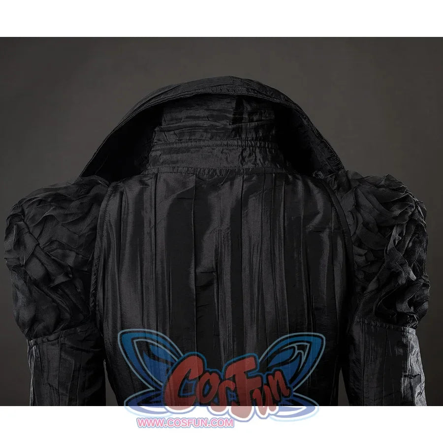 Movie Witch Elphaba Cosplay coat's back view, long coat is made of black wrinkled cloth.