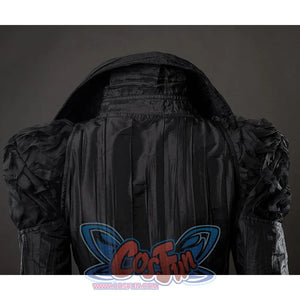 Movie Witch Elphaba Cosplay coat's back view, long coat is made of black wrinkled cloth.