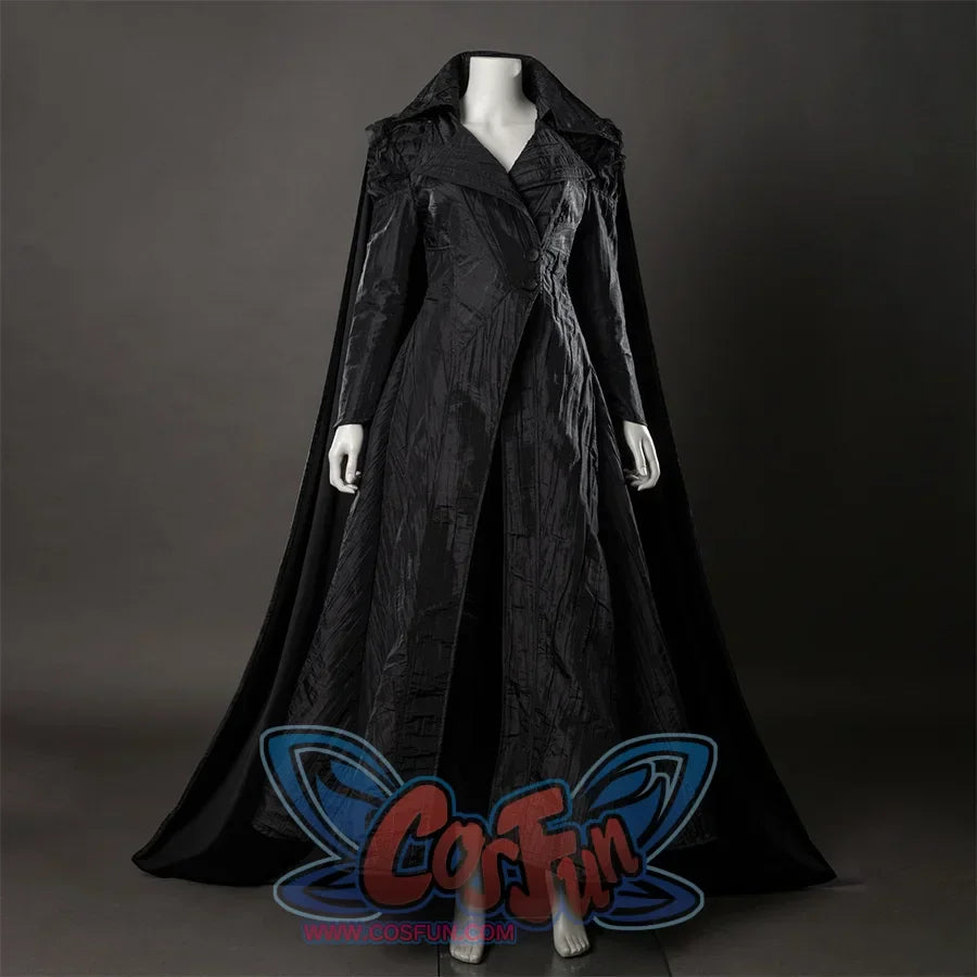 Movie Witch Elphaba Cosplay costume's whole view, it has a witch hat, the long coat is made of black wrinkled cloth, which  is designed with a tight waist, a large skirt, and narrow sleeves, and a velvet long cape on the back, creating a retro feel.