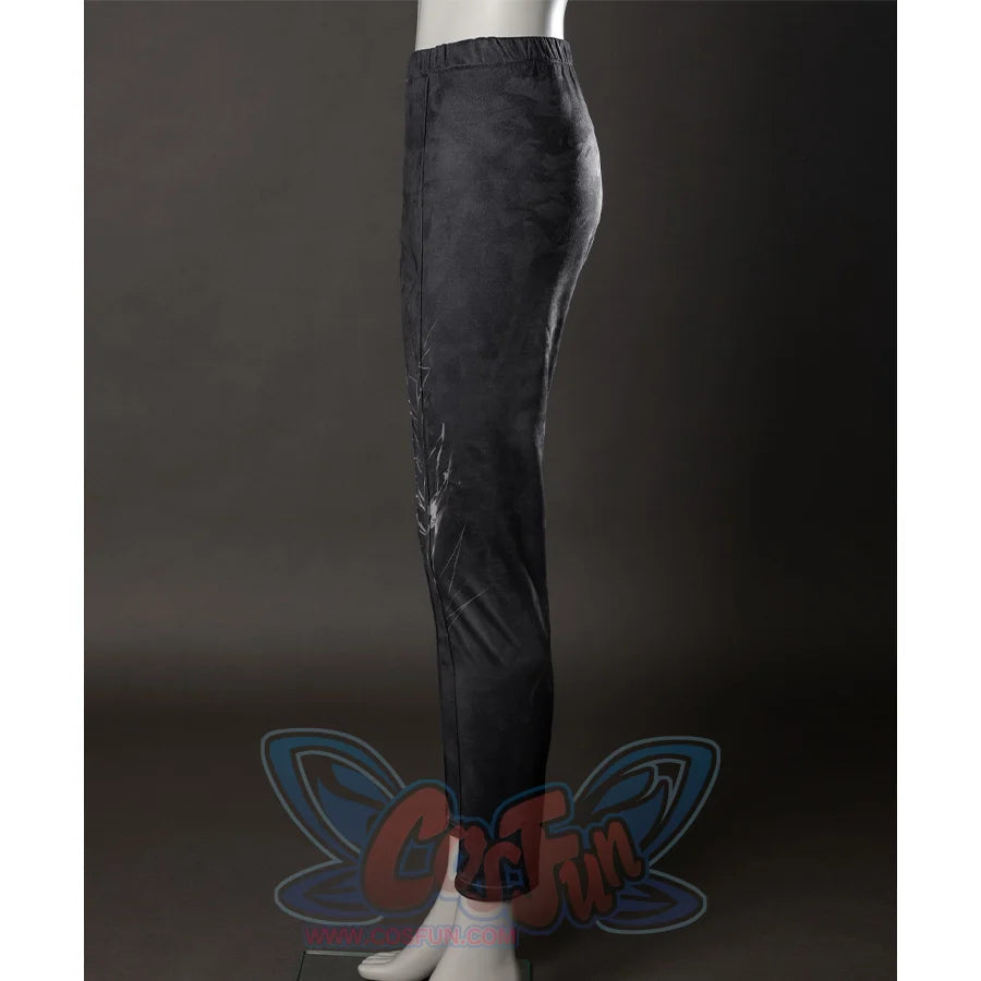 Wicked: For Good Elphaba Cosplay costume side view of pants, it is black and gray with two lines down the middle of each leg.