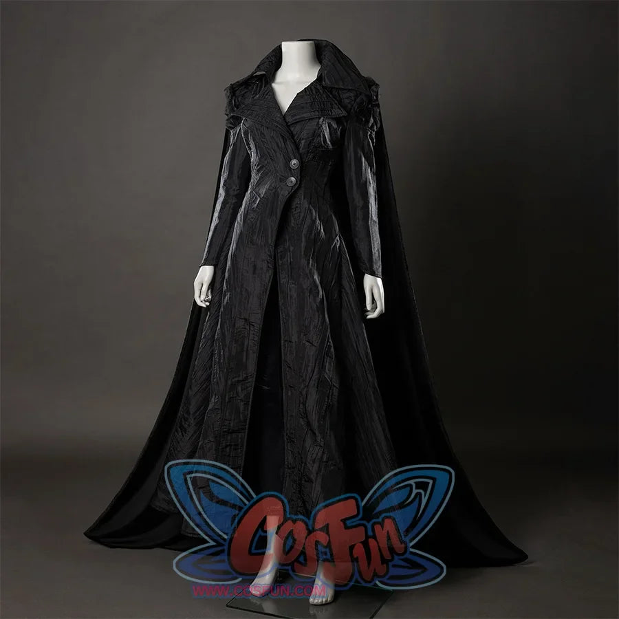 Movie Witch Elphaba Cosplay costume&#39;s side view,the whole is made of black wrinkled cloth, the long coat has two buttons on the front, which is designed with a tight waist, a large hem, and narrow sleeves, and a velvet long cape on the back.