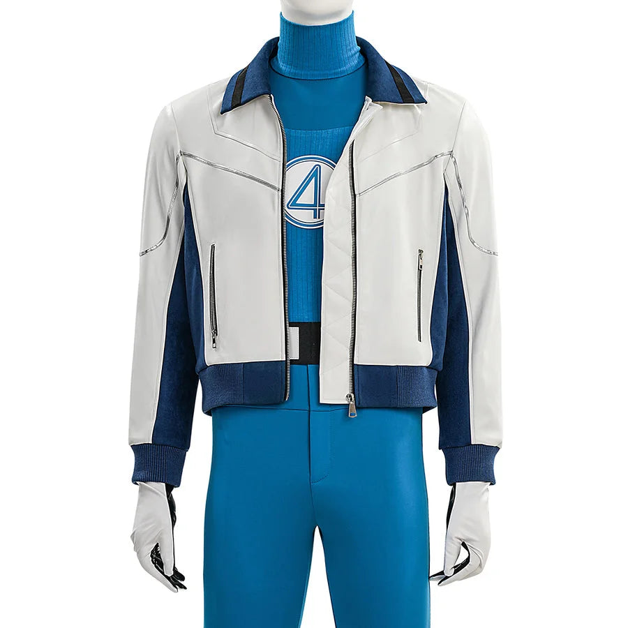 Mr. Fantastic cosplay full costume set with white blue jacket, pants, and gloves