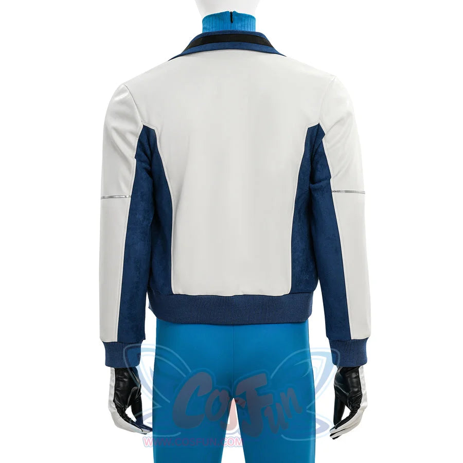 Mr. Fantastic cosplay costume back view showing white and blue jacket with blue pants and dark gloves