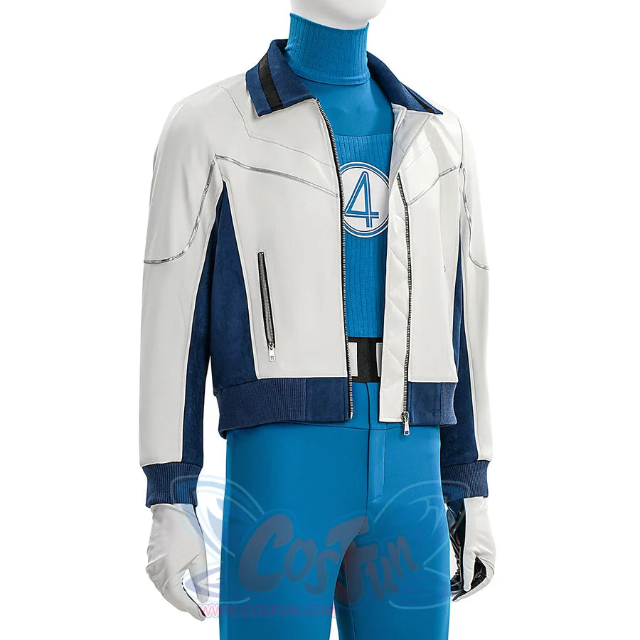Mr. Fantastic cosplay costume with open white jacket, blue turtleneck with number 4 logo, belt, and blue pants
