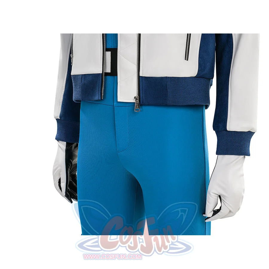Mr. Fantastic cosplay costume waist close-up showing jacket hem, blue ribbed cuff, belt, and blue pants
