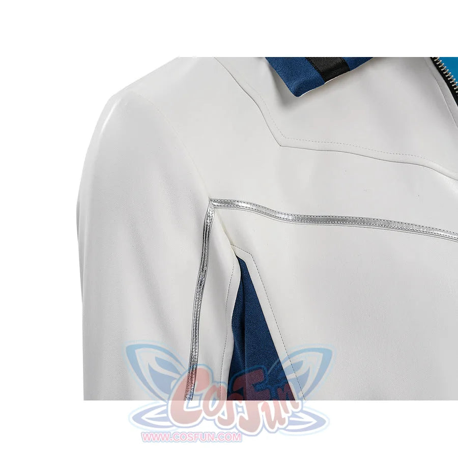 Mr. Fantastic cosplay jacket chest area close-up showing white fabric with silver trim and blue side panel