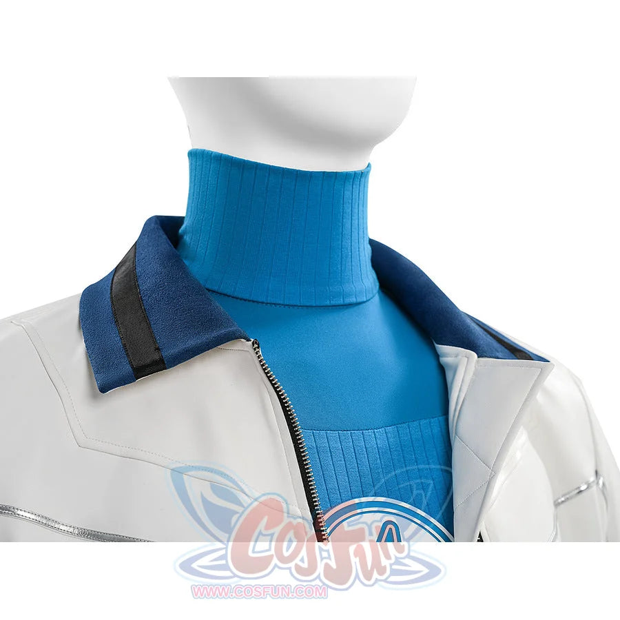 Mr. Fantastic cosplay jacket collar close-up with blue turtleneck and number 4 logo visible