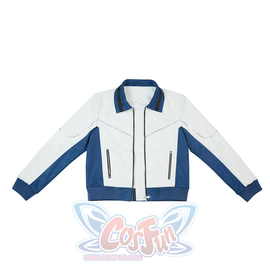Mr. Fantastic cosplay jacket flat lay showing white and blue design with zip pockets and ribbed hem