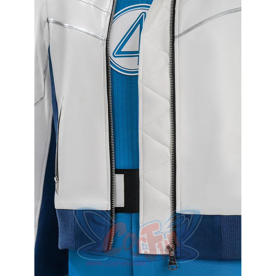 Mr. Fantastic cosplay jacket front close-up showing number 4 logo on inner shirt, white jacket, and blue hem