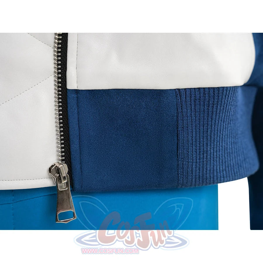Mr. Fantastic cosplay jacket lower hem close-up showing zipper, white panel, blue ribbed waistband, and pants