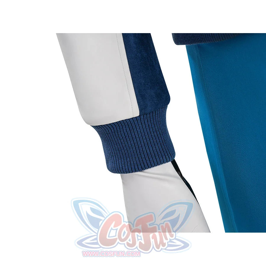 Mr. Fantastic cosplay jacket sleeve close-up showing white arm, blue ribbed wrist cuff, and blue pants