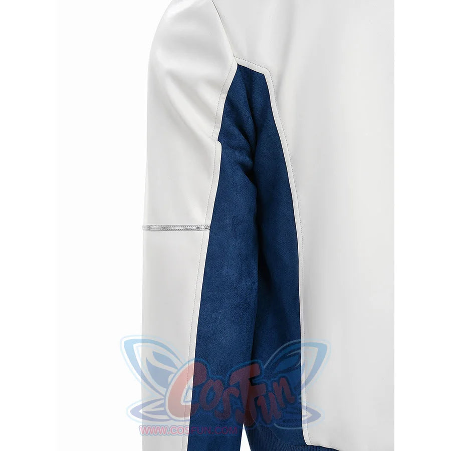 Mr. Fantastic cosplay jacket side seam close-up showing white front panel and blue back panel construction