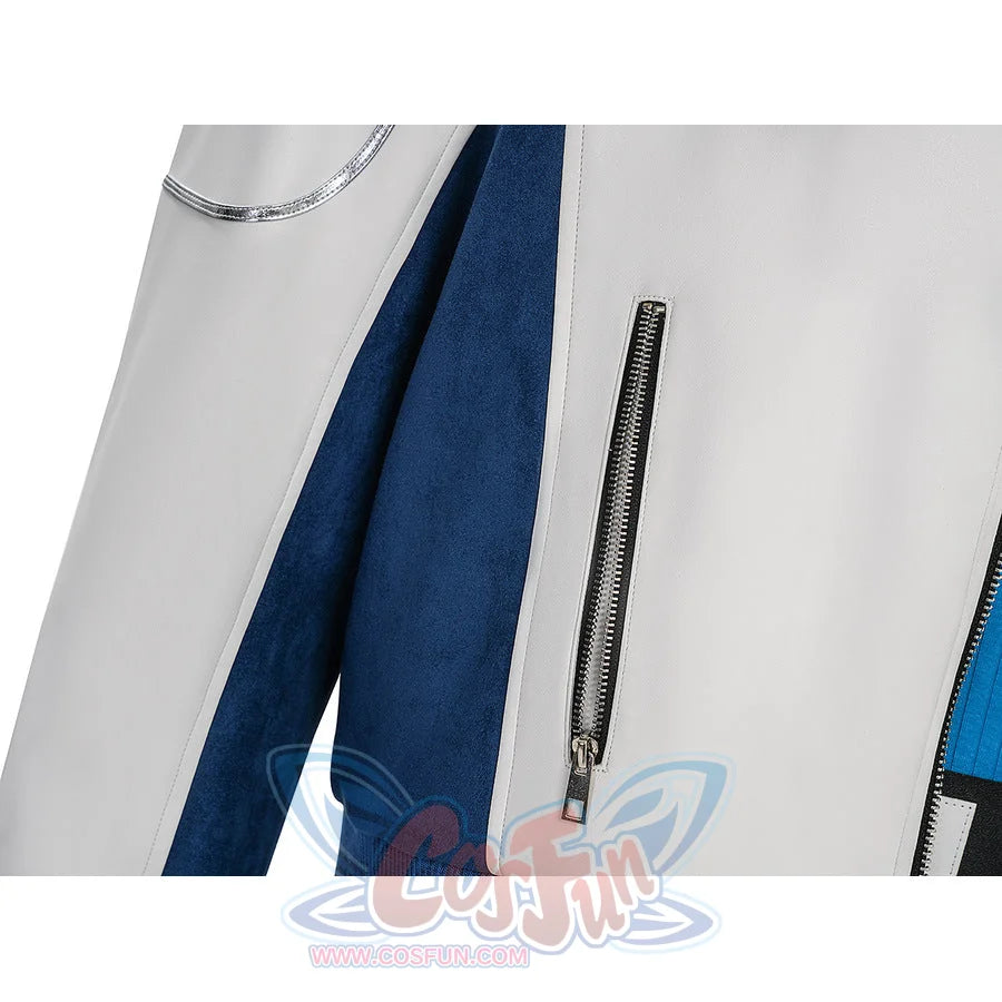 Mr. Fantastic cosplay jacket detail showing front zipper, white fabric, and blue side panel with silver trim