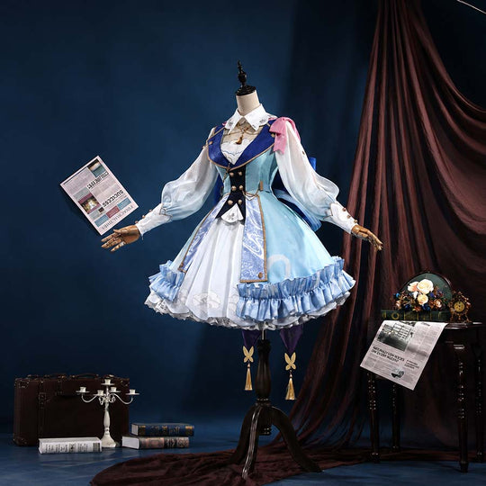 COSFUN Genshin Impact Kamisato Ayaka Springbloom Missive cosplay dress layers ruffles over thigh-high socks with butterfly.