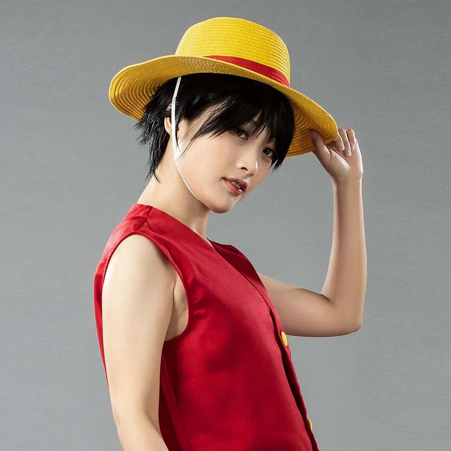 COSFUN Japanese Anime Monkey D. Luffy cosplay straw hat pairs with a red sleeveless vest for a complete look.