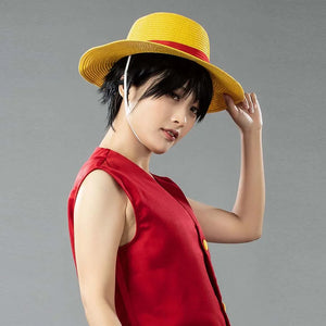 COSFUN Japanese Anime Monkey D. Luffy cosplay straw hat pairs with a red sleeveless vest for a complete look.