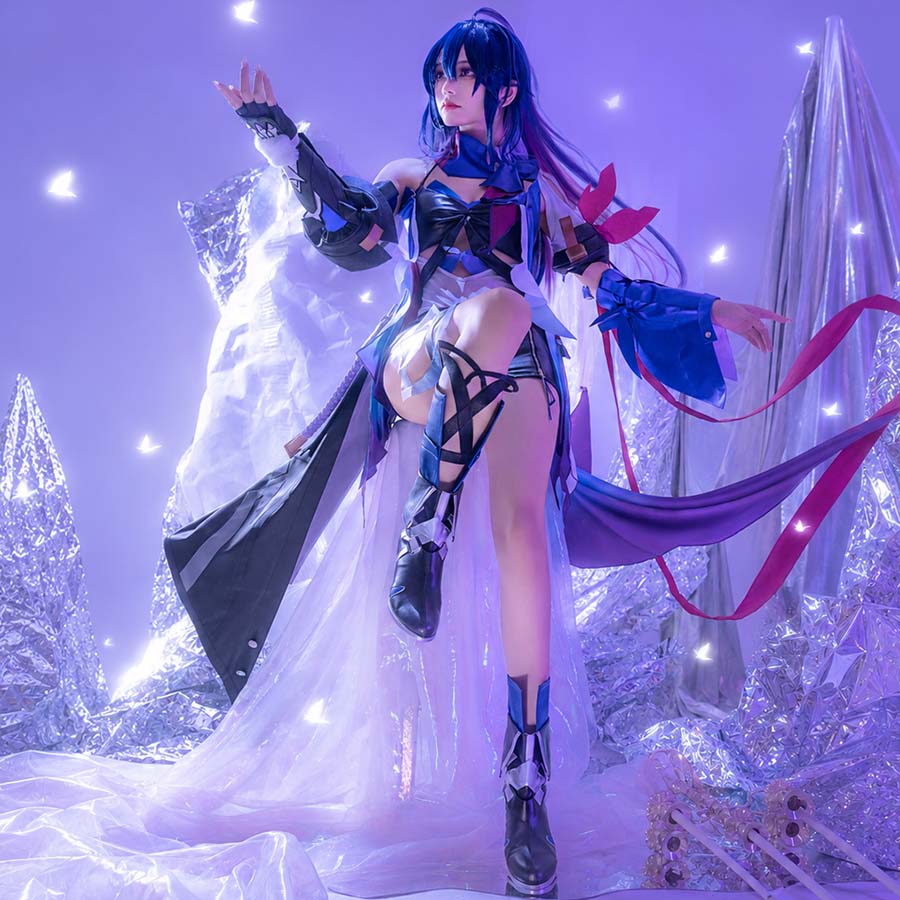 COSFUN Honkai: Star Rail Seele cosplay costume layers blue and purple halter top over butterfly-accented strappy leg armor.