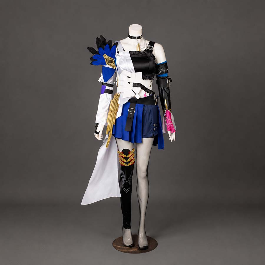COSFUN Honkai: Star Rail Serval cosplay costume layers asymmetrical top over blue skirt and gold armor pieces.