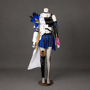 COSFUN Honkai: Star Rail Serval cosplay costume layers asymmetrical top over blue skirt and gold armor pieces.