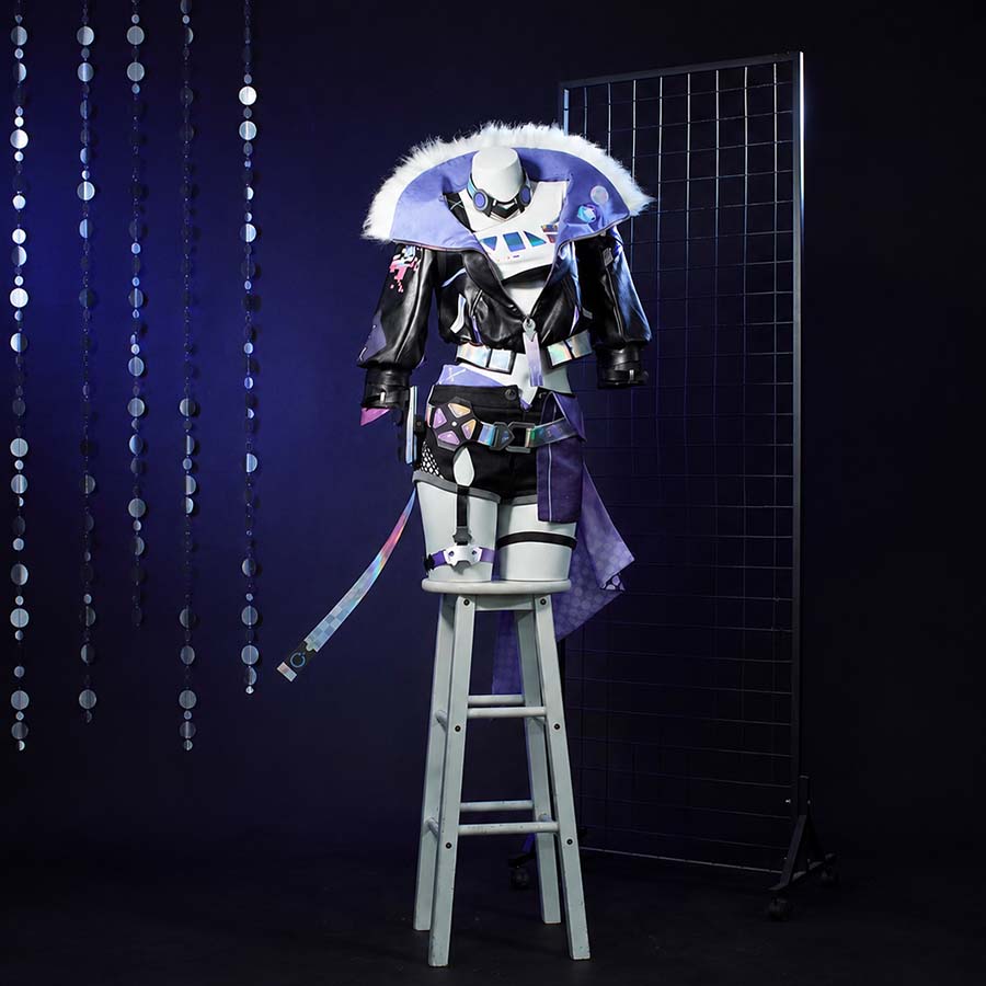 COSFUN Honkai: Star Rail Silver Wolf cosplay costume layers a fur-collar jacket over a printed top paired with a purple sash.