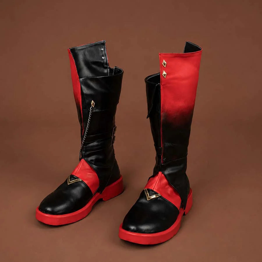 COSFUN Genshin Impact Tartaglia Childe cosplay boots pair in red and black panels anchored by gold chain accents.