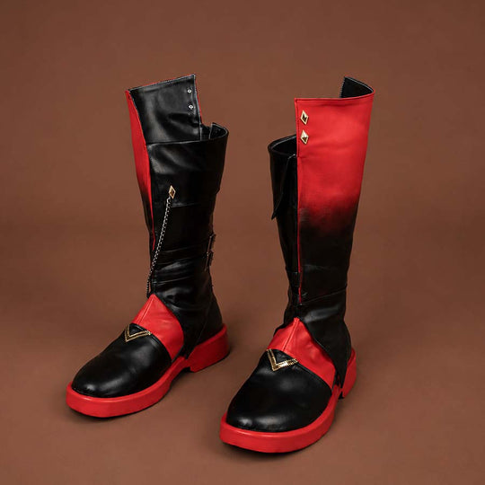 COSFUN Genshin Impact Tartaglia Childe cosplay boots pair in red and black panels anchored by gold chain accents.