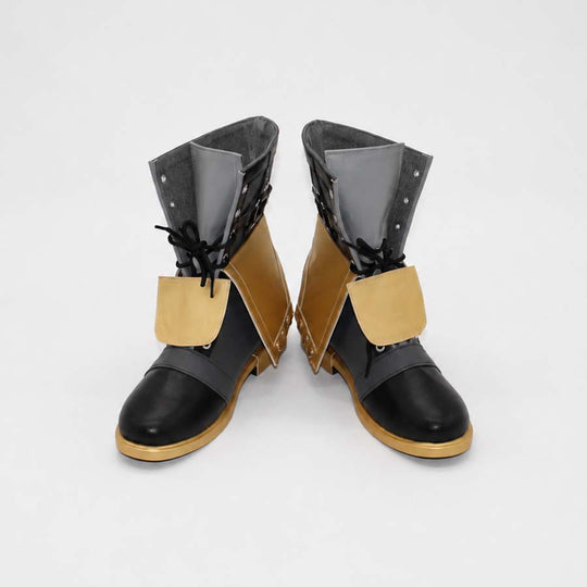 COSFUN Genshin Impact Freminet cosplay boots pairing black lace-up front with a fold-over tan flap and gold panels.
