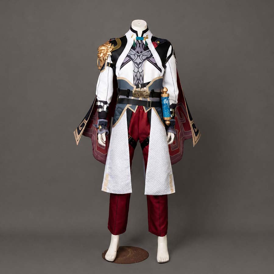 COSFUN Honkai: Star Rail Jing Yuan cosplay costume layers gold lion shoulder armor over a blue-trimmed split cloak and red.