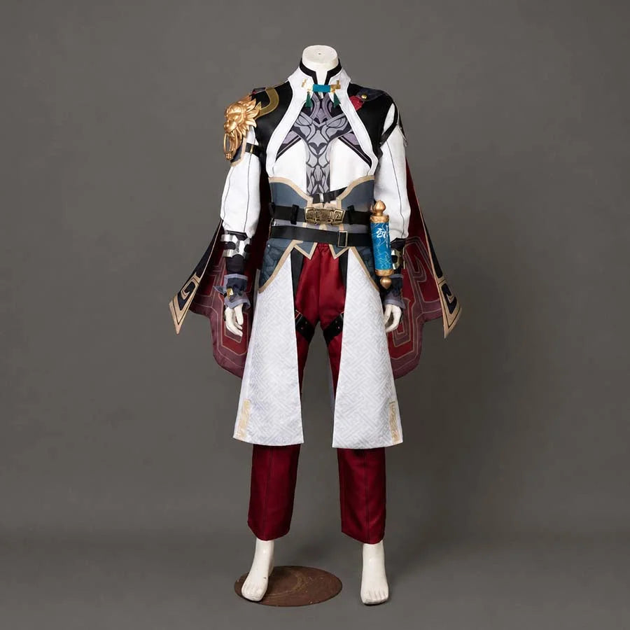 COSFUN Honkai: Star Rail Jing Yuan cosplay costume layers gold lion shoulder armor over a blue-trimmed split cloak and red.