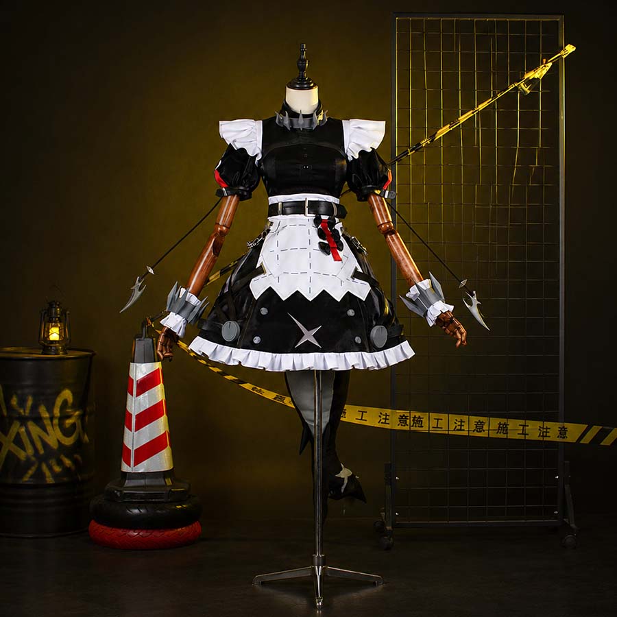 COSFUN Zenless Zone Zero Ellen Joe cosplay dress pairs white frilled cuffs and apron with a red-accented staff.