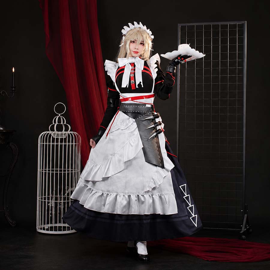 COSFUN Zenless Zone Zero Rina cosplay dress layers a frilled apron over a utility belt holding prop knives.