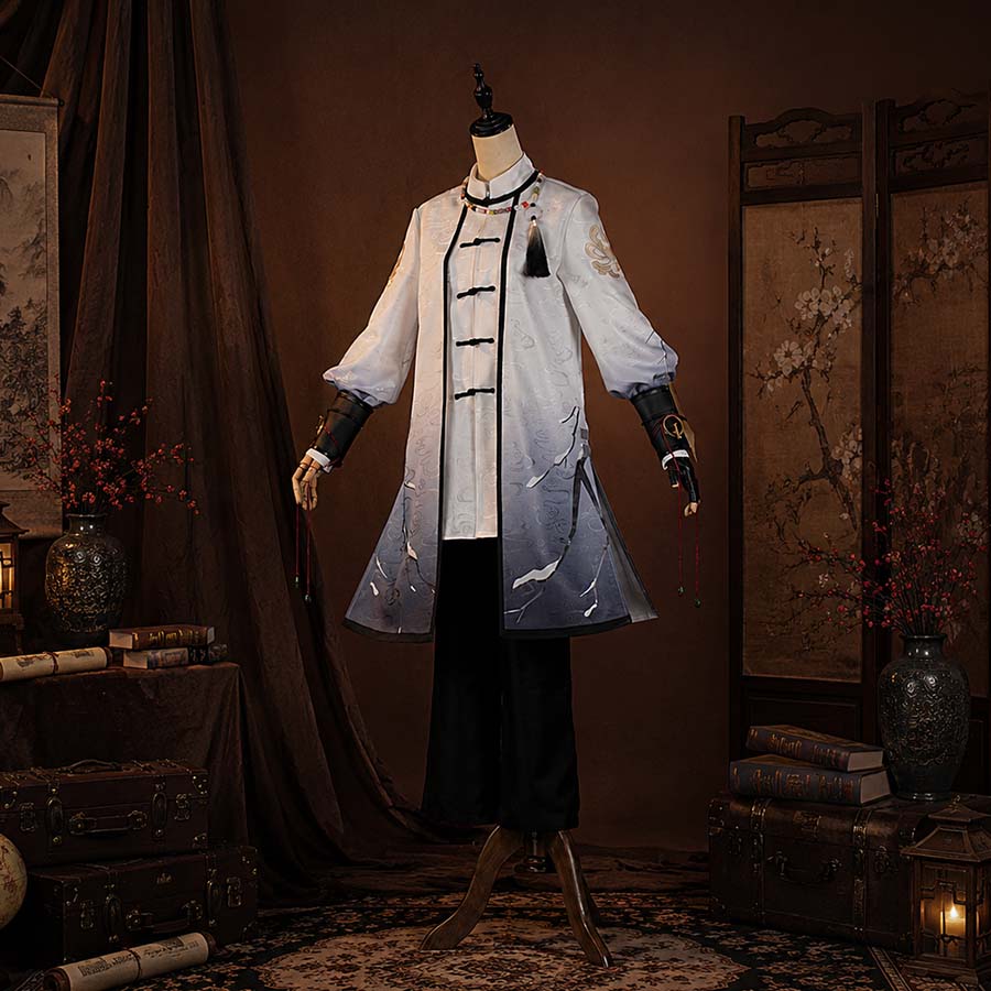 COSFUN Identity V Patient Emil cosplay costume sets gradient jacket over black pants with tassel and gloves.