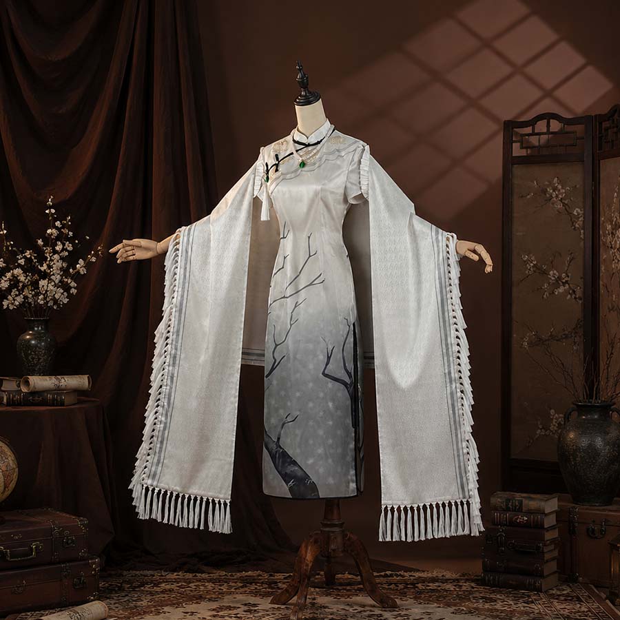 COSFUN Identity V Psychologist Ada Mesmer cosplay dress layers silver-grey qipao over a fringed white embroidered cape.
