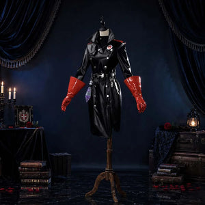 COSFUN Identity V Psychologist Ada Mesmer Doomsday Rescuer cosplay costume layers black leather coat over red gloves.