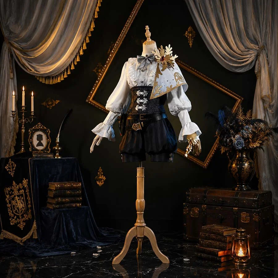 COSFUN Identity V Painter Golden Ratio cosplay costume layers a black corset and belt over a white blouse with dark.