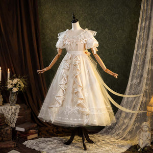 COSFUN Identity V Little Girl Eurydice cosplay dress layers puff sleeves over a cascading ruffled embroidered skirt.