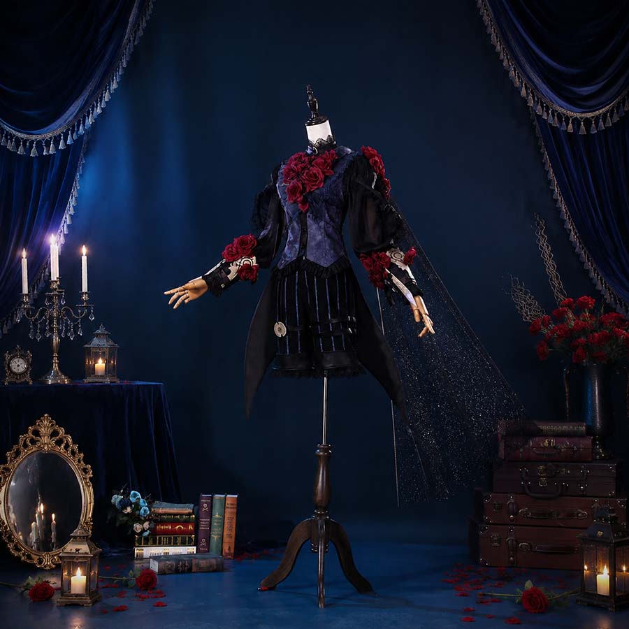 COSFUN Identity V Patient Emil Luminary cosplay costume layers dark blue tailcoat over rose-trimmed detached sleeves and.