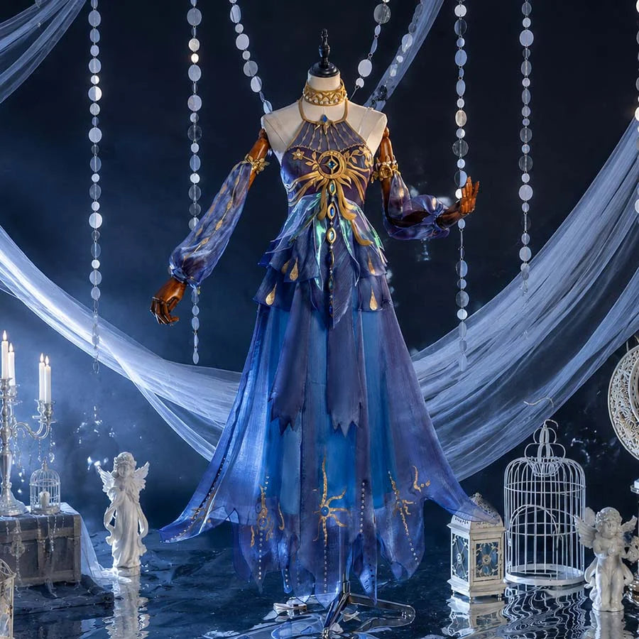 COSFUN Identity V Naiad Grace Weeping Goddess cosplay dress layers blue-to-purple halter skirt over gold celestial motifs.