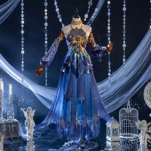 COSFUN Identity V Naiad Grace Weeping Goddess cosplay dress layers blue-to-purple halter skirt over gold celestial motifs.