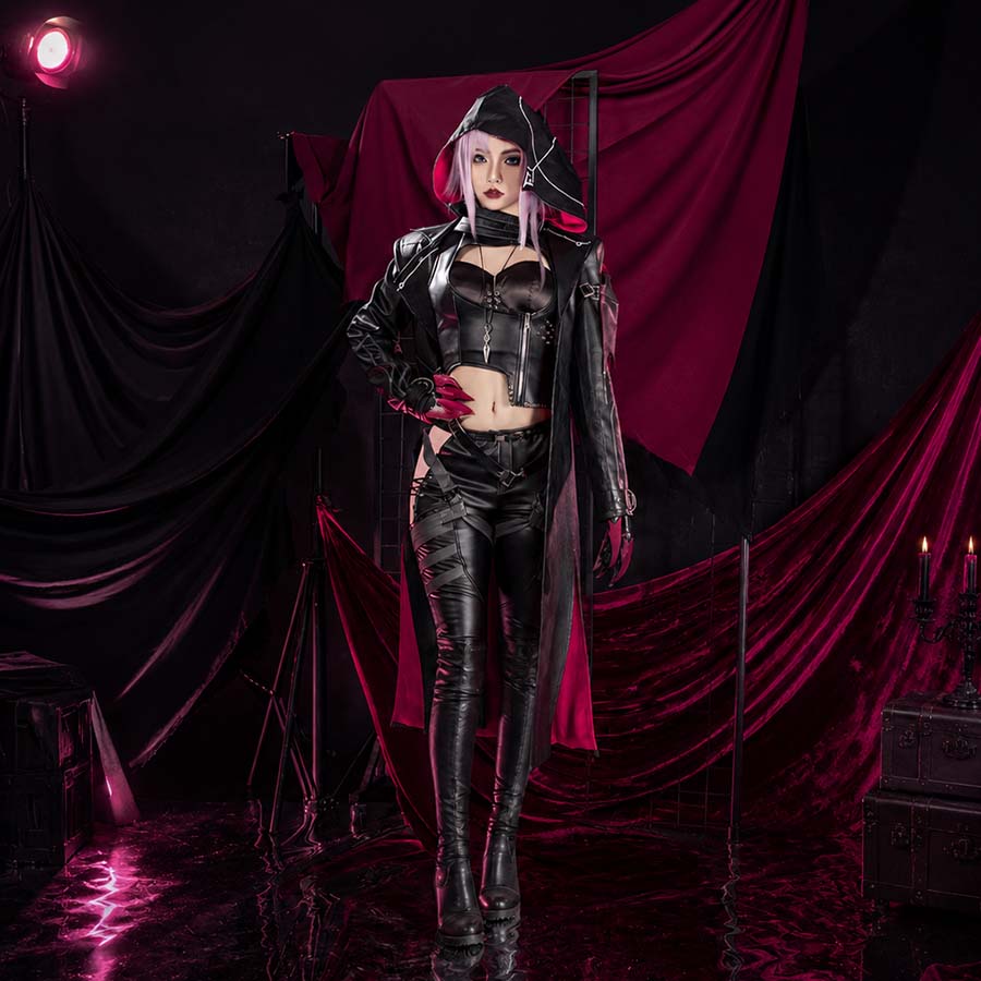 COSFUN Path to Nowhere ZOYA cosplay costume layers a crimson-lined hooded coat over a strappy top and matching pants.