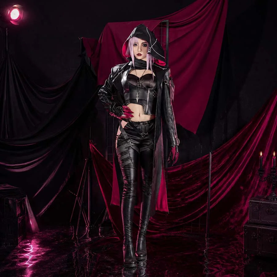 COSFUN Path to Nowhere ZOYA cosplay costume layers a crimson-lined hooded coat over a strappy top and matching pants.