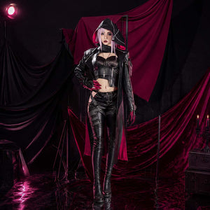COSFUN Path to Nowhere ZOYA cosplay costume layers a crimson-lined hooded coat over a strappy top and matching pants.