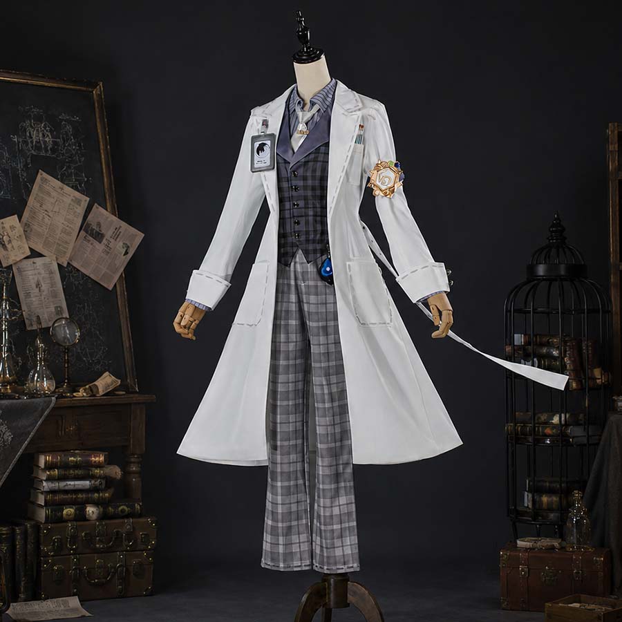 COSFUN Identity V Embalmer Gatto cosplay costume layers a blue vest over a striped shirt paired with grey plaid trousers.